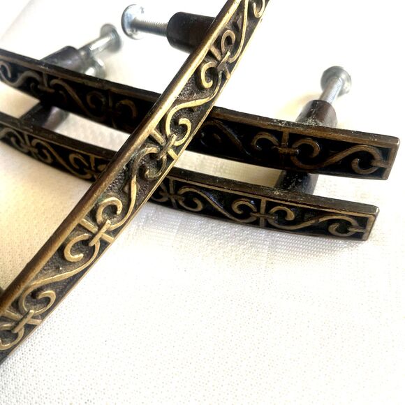 Mid Century Drawer Pulls 3" Bronze Gold Brass Set 3pcs Filigree Scrolls Handles - Picture 7 of 7